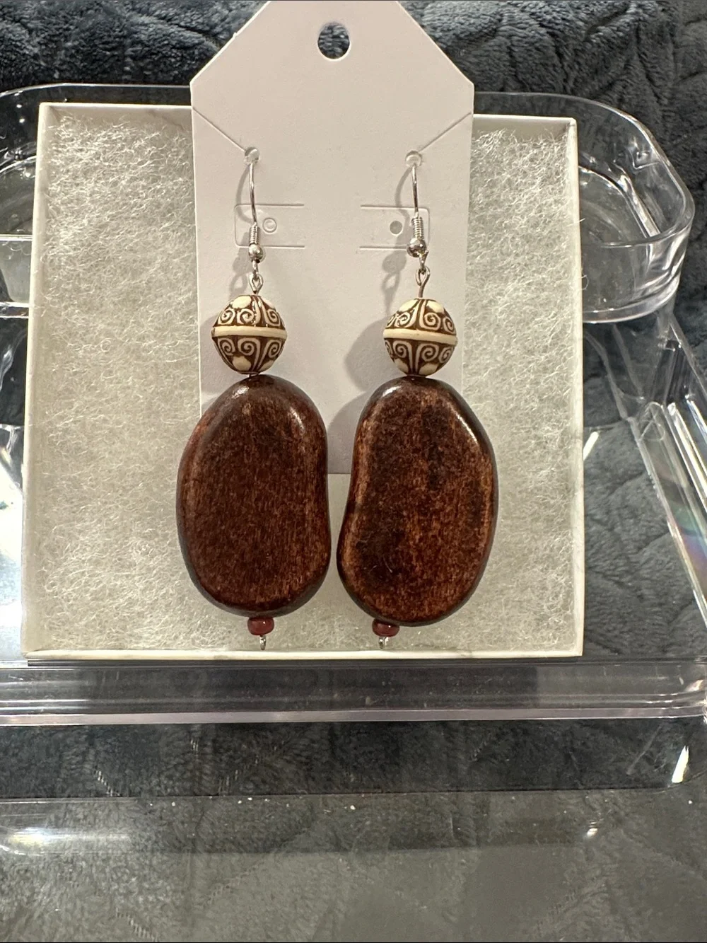 Handmade Brown Wood & Cream Bead Drop Earrings